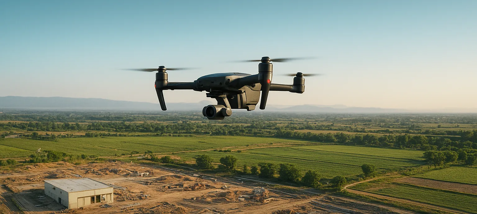 Vista aérea de un terreno con un dron en vuelo